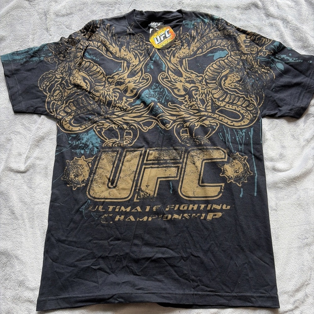 UFC Shirt Mens Large Black AllOver Print AOP Logo Ultimate Fighting MMA 2008-NWT